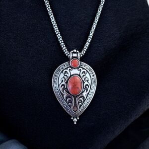 Boho Long Silver Tone Necklace with Vintage Design Pendant Red Turquoise 32"